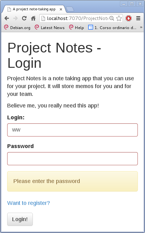 Project notes login form error