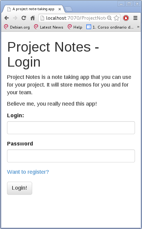 Project notes login form